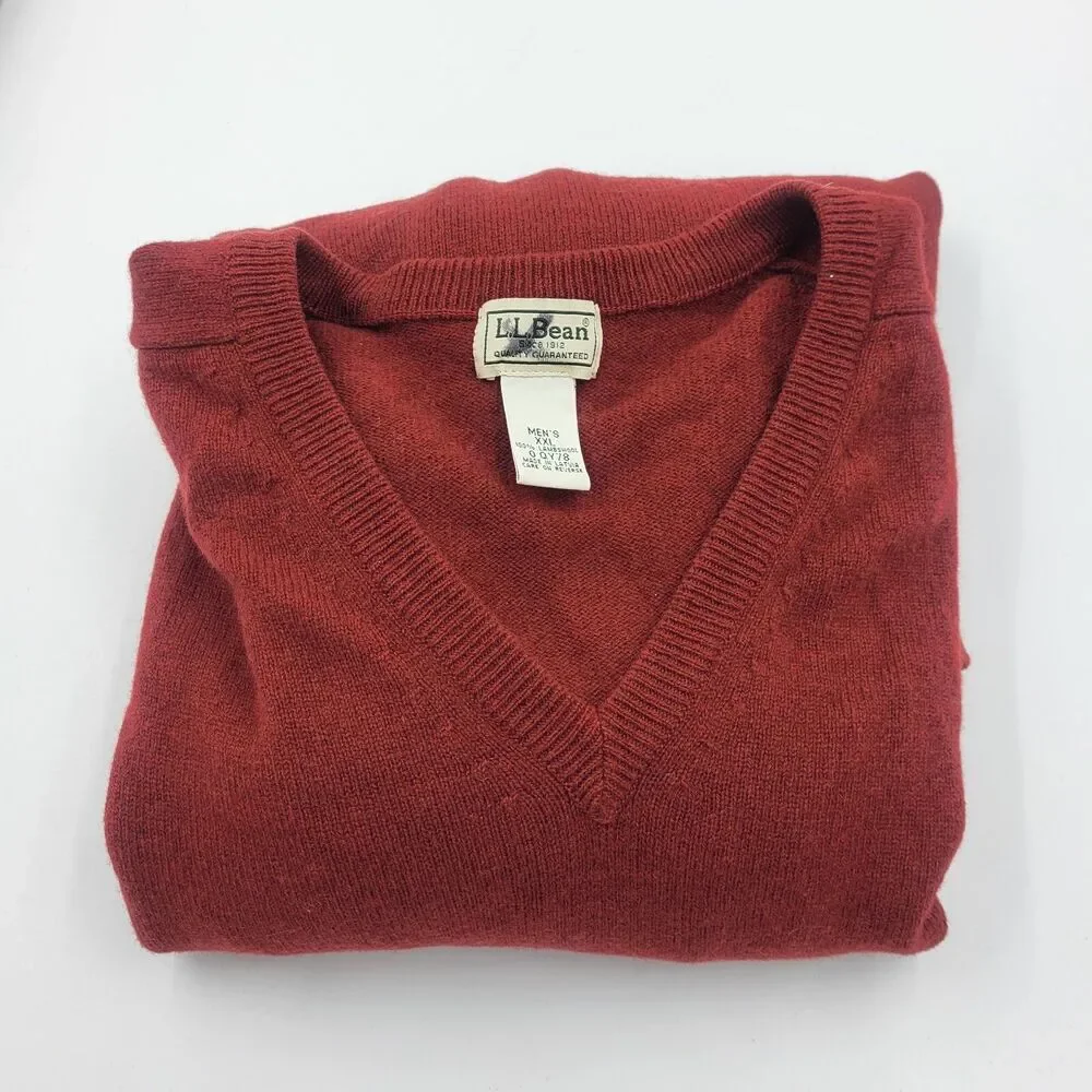LL Bean Mens XXL Maroon / Wine Color 100% Lambswool V-neck Pullover Sweater